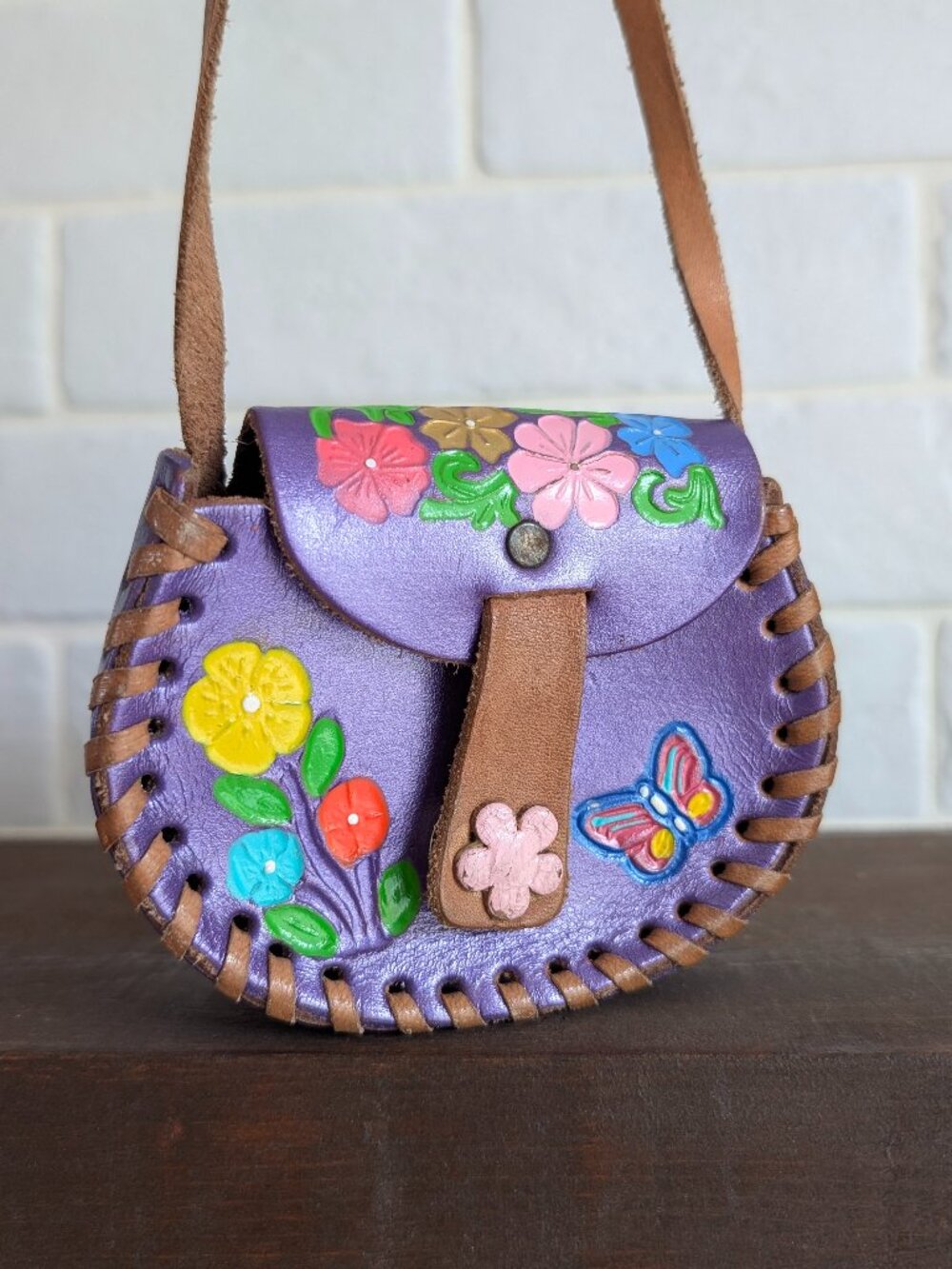 Made in Mexico painted leather bright purple small purse tiny bag butterfly